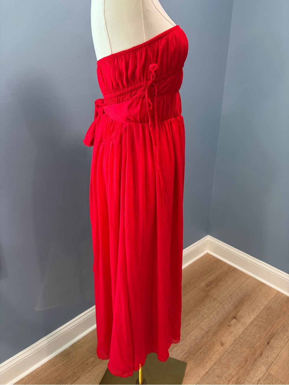 Outcast Red Strapless Maxi Dress XS Smocked Ruched Tie Waist - Picture 4 of 8